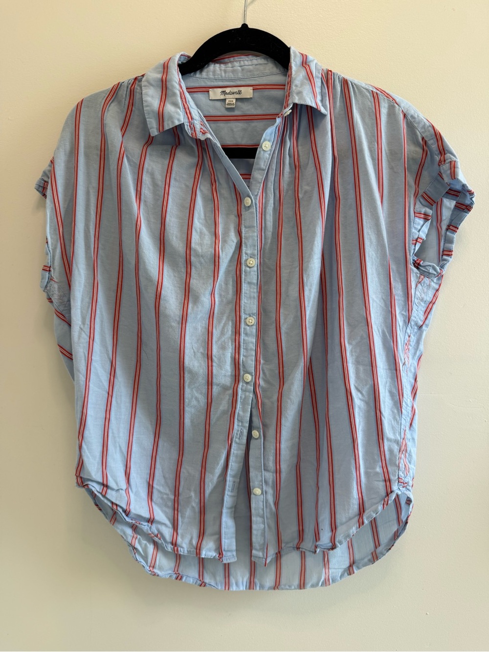 Madewell Blue Central Button-Up Shirt with Red Stripes
